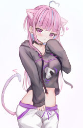  1girl absurdres ahoge animal_ear_fluff animal_ears black_collar black_hoodie blue_hair blush breasts cat_ears cat_tail collar colored_inner_hair cosplay hand_on_own_face heart heart-shaped_pupils heart_ahoge highres hololive hood hoodie large_breasts long_hair looking_at_viewer midriff minato_aqua multicolored_hair navel nekomata_okayu nekomata_okayu_(1st_costume) nekomata_okayu_(cosplay) onigiri_print pants pink_hair purple_eyes sleeves_past_fingers sleeves_past_wrists solo standing sweatpants symbol-shaped_pupils tail teruteruteru190 two-tone_hair virtual_youtuber white_background white_pants 