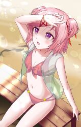  1girl absurdres arm_at_side armpits artist_name bangs bare_shoulders beach bench bikini blurry blush bob_cut bokeh bow bow_bikini bracelet breasts broly_matsumoto cleavage collarbone commentary depth_of_field doki_doki_literature_club from_above gluteal_fold green_vest hair_ornament hair_ribbon hair_strand hand_to_own_face hand_up highres jewelry looking_afar looking_up natsuki_(doki_doki_literature_club) on_bed open_clothes open_mouth open_vest parted_lips pink_hair purple_eyes red_ribbon ribbon sand see-through shaded_face shading_eyes short_hair signature sitting small_breasts solo swept_bangs swimsuit two_side_up vest x_hair_ornament 