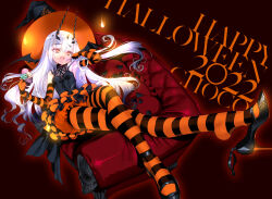  1girl breasts choco_(chocolate_shop) fate/grand_order fate_(series) forked_eyebrows gloves halloween happy_halloween hat highres long_hair melusine_(fate) open_mouth pantyhose sidelocks sitting small_breasts smile solo striped_clothes striped_gloves striped_pantyhose white_hair witch_hat yellow_eyes  rating:Sensitive score:14 user:danbooru