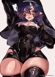  1girl absurdres biting_own_lip black_gloves blue_eyes blue_horns breasts cleavage clothes_pull detached_collar facial_mark gloves habit hair_between_eyes highres hip_vent horns impossible_clothes indie_virtual_youtuber long_sleeves looking_to_the_side nun patreon_username pointy_ears purple_hair short_eyebrows short_hair_with_long_locks single_horn solo sulia_(vtuber) suliavtuber virtual_youtuber 