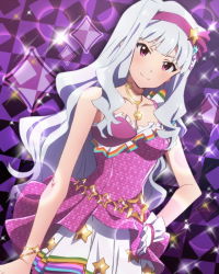  10s 1girl dress hairband hand_on_own_hip idolmaster idolmaster_(classic) idolmaster_million_live! jewelry long_hair lots_of_jewelry necklace official_art pink_eyes shijou_takane silver_hair smile  rating:Sensitive score:7 user:danbooru