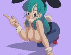  1girl absurdres animal_ears blue_eyes bow bowtie breasts breasts_out bulma dragon_ball dragon_ball_(classic) fake_animal_ears fake_tail full_body green_hair hanging_breasts high_heels highres inker_comics large_breasts leotard looking_at_viewer nipples on_floor pantyhose playboy_bunny purple_background rabbit_ears rabbit_tail simple_background smile solo tail topless wrist_cuffs  rating:Questionable score:130 user:Kain135