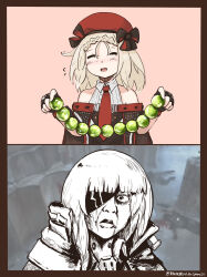  2girls :d :| ^_^ artist_name beads beret black_gloves blonde_hair blunt_bangs braid cloak closed_eyes closed_mouth commentary english_commentary expressionless fallenspherell fingerless_gloves french_braid girls&#039;_frontline gloves hands_up hat high_collar highres lace_trim m16a1_(boss)_(girls&#039;_frontline) m16a1_(girls&#039;_frontline) mole mole_under_eye monochrome mp5_(girls&#039;_frontline) multiple_girls necktie open_mouth orb photo_background pink_background red_headwear red_necktie shirt sleeveless sleeveless_shirt smile the_rock_(movie) twitter_username upper_body white_shirt wing_collar 