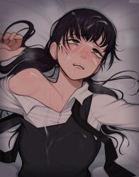  1girl afrobull aftersex black_hair blush breasts buttons chainsaw_man collared_shirt cum cum_on_body cum_on_breasts cum_on_hair cum_on_upper_body facial highres long_hair messy_hair mitaka_asa open_mouth rolling_eyes school_uniform shirt solo upper_body white_shirt  rating:Explicit score:179 user:danbooru