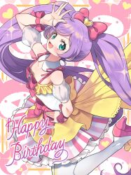  1girl 5553pp :d ahoge arm_up bad_id bad_pixiv_id bare_shoulders bow cameo commentary_request detached_collar detached_sleeves dress full_body green_eyes hair_bow hand_on_own_hip happy_birthday heart high_heels highres idol_clothes kneeling kuma_(pripara) long_hair looking_at_viewer manaka_laala multicolored_clothes multicolored_dress open_mouth pink_bow pink_footwear pretty_series pripara puffy_detached_sleeves puffy_sleeves purple_hair shoes sleeveless sleeveless_dress smile solo sparkle twintails very_long_hair 