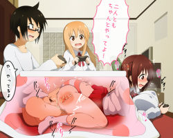  10s 1boy 2girls black_hair blonde_hair blush bottomless breast_rest breasts brother_and_sister brown_eyes brown_hair butterfly_sitting censored clothed_sex clothes_lift controller cum cum_in_pussy doggystyle doma_taihei doma_umaru ebina_nana ejaculation full_body game_controller gamepad glasses hetero himouto!_umaru-chan holding huge_breasts indoors internal_cumshot kotatsu large_breasts light_brown_hair long_hair lying morokoshitaroh mosaic_censoring motion_lines multiple_girls no_shoes on_stomach open_mouth panties penis pillow playing_games polka_dot profile pubic_hair pun saliva school_uniform semi-rimless_eyewear sex sex_from_behind short_hair siblings sitting skirt skirt_around_belly skirt_lift socks stealth_sex striped_clothes striped_panties table translated twintails under-rim_eyewear under_kotatsu under_table underwear uniform vaginal wavy_mouth white_legwear x-ray  rating:Explicit score:225 user:creck