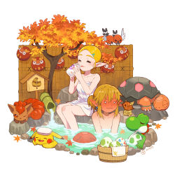  1boy 1girl :d ^_^ absurdres bamboo_fence bird blonde_hair blush bottle closed_eyes closed_mouth collarbone commentary creatures_(company) darumaka dated drinking earrings egg embarrassed eyelashes fence fletchling full-face_blush game_freak gen_1_pokemon gen_3_pokemon gen_5_pokemon gen_6_pokemon hair_between_eyes hair_ornament hairclip hands_up highres holding holding_bottle in_water jewelry korok leaf link mario_(series) medium_hair milk milk_bottle naked_towel nintendo o_o one_eye_closed onsen open_mouth parted_bangs partially_submerged pikachu pointy_ears pokemon pokemon_(creature) pokemon_egg ponytail princess_zelda red_eyes red_shell_(mario) rock rutiwa shishi_odoshi short_ponytail sidelocks sign simple_background sitting sleeping smile soaking_feet super_leaf symbol-only_commentary the_legend_of_zelda the_legend_of_zelda:_breath_of_the_wild torkoal towel towel_on_head tree vulpix water wavy_mouth white_background white_towel yoshi yoshi_egg 