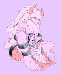  1boy 1girl asterios_(fate) bare_shoulders barefoot cleavage dress earrings euryale_(fate) fate/grand_order fate/hollow_ataraxia fate_(series) grey_hair hair_ornament hairband horns long_hair nipples pink_eyes purple_background purple_hair red_eyes ribbon twintails  rating:Sensitive score:11 user:wereAR