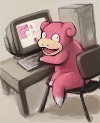  chair computer computer_tower creatures_(company) crt fangs foxeaf game_freak gen_1_pokemon highres keyboard looking_at_viewer monitor nintendo no_humans pokemon pokemon_(creature) simple_background sitting slowpoke solo table  rating:Sensitive score:4 user:danbooru