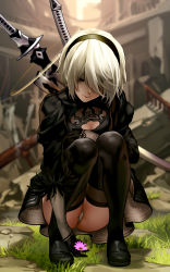  1girl as109 black_dress blindfold breasts cleavage_cutout closed_eyes clothing_cutout daisy dress flower full_body grass hairband halo headband highres mole mole_under_mouth nier nier:automata nier_(series) no_blindfold panties pantyshot puffy_sleeves ruins short_hair silver_hair small_breasts solo squatting stone sword thighhighs underwear upskirt weapon white_panties 2b_(nier:automata)  rating:Sensitive score:179 user:danbooru