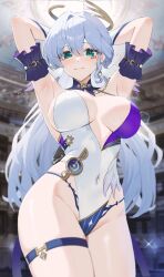  1girl absurdres adapted_costume aqua_eyes armpits arms_up bare_shoulders blurry blurry_background blush breasts commentary covered_navel cowboy_shot detached_sleeves english_commentary groin highres honkai:_star_rail honkai_(series) large_breasts leotard long_hair looking_at_viewer nvl presenting_armpit robin_(honkai:_star_rail) short_sleeves smile solo standing thigh_strap thighs very_long_hair white_hair white_leotard  rating:Sensitive score:71 user:danbooru