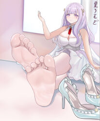  1girl azur_lane barefoot breasts cleavage feet large_breasts light_blush long_hair looking_at_viewer plymouth_(azur_lane) purple_eyes purple_hair shoes smile soles suangyue_qiuhua toes unworn_shoes  rating:Sensitive score:28 user:ssfl