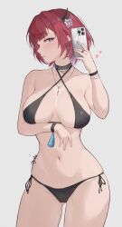  1girl arm_under_breasts bare_shoulders bikini black_bikini blue_eyes blush breasts breasts_apart cellphone choker chyraliss collarbone contrapposto criss-cross_halter earrings english_text flower gluteal_fold hair_flower hair_ornament halterneck heart heart-shaped_pupils highres hololive hololive_english horns irys_(hololive) jewelry medium_breasts medium_hair multicolored_hair navel necklace open_mouth phone pointy_ears profile purple_hair ring selfie side-tie_bikini_bottom sideways_glance signature simple_background skindentation smartphone solo streaked_hair swimsuit symbol-shaped_pupils virtual_youtuber wristband  rating:Sensitive score:32 user:danbooru