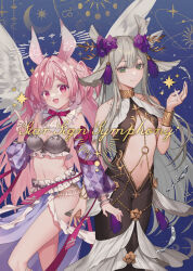 2girls :d angel_wings animal_ears black_dress blue_background borrowed_character bow bow_earrings bra bracelet bracer breasts center_opening chain closed_mouth clothing_cutout crescent detached_collar detached_sleeves double-parted_bangs dress dress_flower earrings english_text feet_out_of_frame flower green_eyes grey_bra grey_hair hair_flower hair_ornament halo hand_up highres index_finger_raised jewelry long_sleeves looking_at_viewer mermaid_dress midriff moon_phases multiple_girls nail_polish neck_ribbon o-ring open_mouth original pink_bow pink_eyes pink_hair pink_nails pink_ribbon pisces_(zodiac) puffy_long_sleeves puffy_sleeves purple_flower purple_nails purple_skirt purple_sleeves ribbon see-through see-through_sleeves shoulder_cutout side_slit skirt sleeve_bow small_breasts smile standing star_(symbol) strapless strapless_bra swept_bangs taranboman tassel tassel_hair_ornament two_side_up underboob underwear veil virgo_(zodiac) white_wings wings zodiac