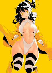 1girl black_hair breasts center_opening cleavage commentary_request curvy female_focus full_body hair_ribbon hands_in_pockets highres jacket kekemotsu large_breasts long_hair looking_at_viewer navel one-piece_swimsuit open_clothes open_jacket open_mouth original ponytail ribbon shiny_skin shoes sidelocks simple_background smile sneakers solo striped_clothes striped_thighhighs swimsuit thighhighs white_one-piece_swimsuit wide_hips yellow_background yellow_eyes yellow_theme rating:Sensitive score:56 user:danbooru