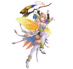  1girl absurdres attack axe boots breasts butterfly_wings detached_sleeves dress fairy fairy_wings fire_emblem fire_emblem_heroes flower hair_flower hair_ornament highres holding holding_axe insect_wings knee_up medium_breasts nintendo official_alternate_costume official_art peony_(cherished_dream)_(fire_emblem) peony_(fire_emblem) plant_hair sideboob skindentation solo thigh_boots thighhighs thighs transparent_background v-shaped_eyebrows white_thighhighs wings yellow_dress yoshiku_(oden-usagi) 