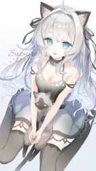  :3 absurdres animal_ears arknights black_dress black_thighhighs breasts cat cat_ears cleavage commentary dress full_body gradient_hair green_eyes grey_hair highres infection_monitor_(arknights) long_hair looking_at_viewer looking_up medium_breasts mint_(arknights) mint_(elite_ii)_(arknights) multicolored_hair no_shoes open_mouth siamese_cat simple_background sitting spaghetti_strap suzuiro_(chocolatte) thighhighs wariza watermark white_background 