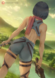1girl araneesama arms_at_sides artist_name ass back black_hair blurry blurry_background cloud commentary crop_top day depth_of_field english_commentary facing_away from_behind highres holding holding_sword holding_weapon mikasa_ackerman outdoors patreon_logo patreon_username red_scarf scarf shingeki_no_kyojin short_hair shorts skindentation solo standing sword thigh_strap watermark weapon web_address rating:Sensitive score:129 user:danbooru