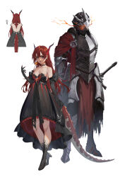  1boy 1girl absurdres armor armored_boots backless_dress backless_outfit black_choker black_dress black_footwear black_gloves blush boots breastplate breasts breath_weapon breathing_fire cape chinese_commentary choker cleavage covered_face cropped_arms cropped_legs dragon_girl dragon_horns dragon_tail dress earrings elbow_gloves fang faulds fingernails fire from_behind full_body gem gloves glowing glowing_eyes gradient_horns grey_eyes hair_between_eyes hand_up helm helmet high_heel_boots high_heels highres horns jewelry knee_boots kray._(k-ray) long_hair looking_at_viewer medium_breasts multicolored_horns multiple_views nail_polish open_mouth original pauldrons pelvic_curtain purple_horns red_cape red_gemstone red_hair red_horns red_nails red_tail scales shoulder_armor side_cape simple_background skin_fang slit_pupils standing strapless strapless_dress sword tail torn_clothes vambraces weapon white_background 