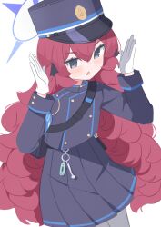  1girl absurdres anma21 armband black_skirt blue_archive blue_armband blue_halo blush cowboy_shot gloves grey_eyes hair_between_eyes halo hands_up hat highres iroha_(blue_archive) jacket keyring long_hair military_hat military_jacket military_uniform open_mouth peaked_cap red_hair simple_background skirt solo standing uniform very_long_hair wavy_hair white_background white_gloves 