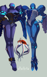  2girls 2others absurdres ankle_cuffs arm_cannon armor assault_visor athletic_leotard ballerina ballet_slippers biomechanical blue_armor blue_bow blue_flower blue_leotard blue_rose bow carapace claws dark_samus english_text flower glowing_lines gold_bow grey_background grey_leotard highres hourai_t lace-trimmed_cuffs lace-trimmed_leotard lace_trim leotard living_armor metroid metroid_prime metroid_prime_(creature) metroid_prime_3:_corruption multiple_girls multiple_others nintendo orange_eyes ornate_clothes pauldrons rose see-through_body shoulder_armor simple_background strapless strapless_leotard tentacles toes two-sided_fabric weapon 