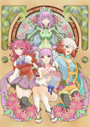 4girls absurdres ahoge breasts cheria_barnes detached_sleeves dress closed_eyes flower gloves highres jewelry little_queen long_hair multicolored_hair multiple_girls one_eye_closed open_mouth pants pascal_(tales) pink_hair purple_eyes purple_hair ribbon shoes short_hair short_shorts shorts skirt smile socks sophie_(tales) staff tales_of_(series) tales_of_graces thighhighs twintails very_long_hair weapon white_hair wide_sleeves wink rating:Sensitive score:1 user:wereAR
