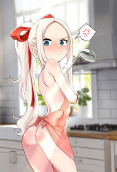  1girl anger_vein apron ass bad_id bad_pixiv_id bare_back bare_shoulders blonde_hair blue_eyes blush borrowed_character covering_privates covering_chest forehead from_behind fudatsuki_kyouko fudatsuki_no_kyouko-chan highres kitchen kitchen_hood ladle loli long_hair looking_back naked_apron note2000 pink_apron ponytail ribbon solo spoken_anger_vein stove window  rating:Questionable score:118 user:danbooru