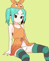  1girl akableak alternate_costume aqua_thighhighs bare_shoulders bow breasts bright_pupils cameltoe closed_mouth commentary dress dress_bow english_commentary expressionless feet_out_of_frame front_slit googly_eyes green_background green_eyes grey_thighhighs groin_tendon hand_on_ground hat highres hikimayu long_hair looking_afar looking_ahead midriff monogatari_(series) navel ononoki_yotsugi orange_dress orange_hat panties pantyshot parted_bangs pointy_ears short_eyebrows sidelocks sitting sleeveless sleeveless_dress small_breasts solo sundress thick_eyebrows thighhighs twintails two-tone_thighhighs underwear white_panties 