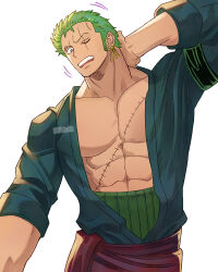  1boy abs bandana bandana_around_arm bara black_bandana coat cowboy_shot earrings green_coat green_hair haramaki highres jewelry large_pectorals male_focus muscular muscular_male one_eye_closed one_piece open_clothes open_mouth pectoral_cleavage pectorals red_sash roronoa_zoro sash scar scar_across_eye scar_on_chest scar_on_face short_hair sideburns single_earring solo stnutt white_background 