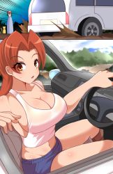  1girl alternate_breast_size ash_ketchum breasts car creatures_(company) delia_ketchum denim denim_shorts game_freak gen_1_pokemon highres honotomo7 large_breasts long_hair looking_at_another looking_at_viewer mother_and_son motor_vehicle navel nintendo no_bra pikachu pokemon pokemon_(anime) pokemon_(classic_anime) shiny_skin short_shorts shorts simple_background sky sweat vehicle_interior wide_hips  rating:Sensitive score:86 user:fakyuh