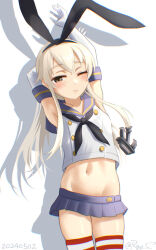  1girl anchor_hair_ornament black_hairband black_neckerchief blonde_hair blue_sailor_collar blue_skirt crop_top elbow_gloves gloves grey_eyes groin hair_ornament hairband kantai_collection long_hair microskirt midriff miniskirt navel neckerchief one-hour_drawing_challenge one_eye_closed pleated_skirt ray.s sailor_collar shadow shimakaze_(kancolle) shirt skirt sleeveless sleeveless_shirt solo stretching striped_clothes striped_thighhighs thighhighs white_background white_gloves 