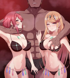  1boy 2girls abs bare_shoulders bikini black_bikini blonde_hair blush grabbing_another&#039;s_breast breasts cleavage commentary_request condom condom_belt dark-skinned_male dark_skin earrings eruu_(eruuman) grabbing grin highres jewelry large_breasts matching_hair/eyes multiple_condoms multiple_girls muscular mythra_(xenoblade) navel netorare nintendo nipples one_breast_out out_of_frame pyra_(xenoblade) red_hair sidelocks smile standing stomach sweat swept_bangs swimsuit tiara underwear used_condom xenoblade_chronicles_(series) xenoblade_chronicles_2  rating:Explicit score:213 user:SylvanDragon