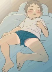  1boy aged_down animated artist_request barefoot bed bedroom blouse blue_shorts blush brown_hair bulge closed_eyes cum developing_erection erection erection_under_clothes feet indoors lowres lying male_focus morning_wood on_bed open_mouth shirt short_hair short_shorts short_sleeves shorts shota sleeping solo solo_focus spiked_hair tan tanline thighs video wet wet_clothes wet_dream white_shirt  rating:Explicit score:313 user:Kawaki