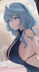  1girl absurdres ako_(blue_archive) ako_(dress)_(blue_archive) bare_shoulders blue_archive blue_dress blue_eyes blue_hair breasts closed_mouth dress from_side glaring halo highres huge_breasts looking_at_viewer medium_hair sideboob sleeveless sleeveless_dress solo toriare_(lyyj0nzq5zhzanl) 