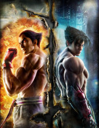  00s 2007 2boys age_difference back-to-back black_hair building cityscape facial_scar father_and_son fire fire gloves japanese_clothes kazama_jin looking_at_viewer mishima_kazuya multiple_boys muscular muscular_male namco official_art red_eyes scar scar_on_arm scar_on_cheek scar_on_chest scar_on_face skyscraper spiked_hair tekken tekken_6 topless_male yoshi_lee  rating:Sensitive score:4 user:Hokuto_Boy_