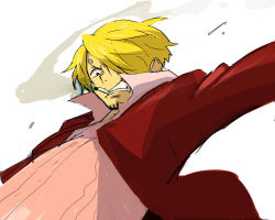  1boy angry blonde_hair cigarette collared_shirt facial_hair goatee hair_over_one_eye jacket male_focus one_piece one_piece:_strong_world open_collar pink_shirt pirate red_jacket red_shirt sanji_(one_piece) shirt smoke smoking solo  rating:Sensitive score:4 user:honeysan