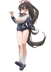  1girl absurdres black_choker black_hair blue_archive blue_footwear blue_jacket blue_shorts blush breasts choker commentary_request full_body gym_shirt gym_shorts gym_uniform hair_between_eyes halo hasumi_(blue_archive) hasumi_(track)_(blue_archive) highres holding holding_pen jacket large_breasts long_hair long_sleeves looking_at_viewer official_alternate_costume open_mouth partially_unzipped pen ponytail red_eyes red_halo shirt shoes shorts simple_background socks solo standing summer_(724788381) sweatdrop track_jacket very_long_hair whistle whistle_around_neck white_background white_shirt white_socks 