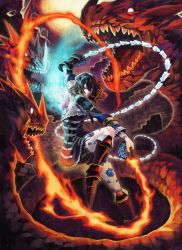  1girl black_hair bloodstained:_ritual_of_the_night bloomers boots brown_hair detached_sleeves dress dual_wielding fire fire full_body glowing hair_ornament highres holding holding_weapon ice looking_at_viewer magic miriam_(bloodstained) monster multicolored_hair natsume_yuji official_art scales sharp_teeth tattoo teeth two-tone_hair underwear weapon whip  rating:Sensitive score:25 user:danbooru