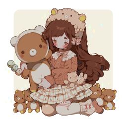 1girl angel_wings animal_ears asymmetrical_legwear bear bear_ears border bow bow_legwear bow_skirt bowtie brown_eyes brown_footwear brown_hair brown_hairband brown_pantyhose buttons chibi closed_mouth collar collared_sweater commentary commission dango english_commentary eyelashes fake_animal_ears fluffy food frilled_skirt frilled_socks frills hair_bow hairband half-closed_eyes highres holding holding_food holding_stuffed_toy kneeling light_blush littlebluemuffin long_hair long_sleeves mary_janes miniskirt orange_bow orange_socks orange_sweater original pantyhose pink_bow pink_bowtie plaid plaid_bow plaid_bowtie plaid_socks puffy_long_sleeves puffy_sleeves red_bow rilakkuma san-x shoes single_leg_pantyhose single_thighhigh skirt smile socks solid_circle_eyes sparkle stuffed_animal stuffed_toy sweater teddy_bear thighhighs wagashi white_border white_collar white_skirt white_thighhighs white_wings wings yellow_background 