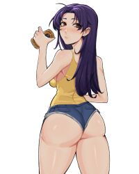  1girl alcohol arm_at_side arm_up ass ass_focus bare_arms bare_legs bare_shoulders beer blue_shorts blush bojinko breasts can closed_mouth cowboy_shot denim denim_shorts drink earrings eyebrows eyelashes female_focus from_behind holding holding_can huge_ass jewelry katsuragi_misato long_hair medium_breasts neon_genesis_evangelion purple_hair red_eyes shirt short_shorts shorts simple_background sleeveless sleeveless_shirt solo standing thighs white_background yellow_shirt 