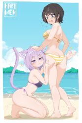 2girls :3 absurdres alternate_costume animal_ears artist_logo ass ass_grab barefoot beach bikini blue_eyes blue_sky border breasts brown_hair butt_crack cat_ears cat_girl cat_tail cloud commentary crossed_bangs day double-parted_bangs english_commentary feet full_body grabbing_another&#039;s_ass groping hair_between_eyes hakimen hand_on_another&#039;s_head head_on_ass highres hololive kneeling large_breasts messy_hair multiple_girls navel nekomata_okayu official_alternate_costume ok_sign oozora_subaru oozora_subaru_(hololive_summer_2019) presenting_another purple_bikini purple_eyes purple_hair sand short_hair side-tie_bikini_bottom sideboob sky smug standing star_(symbol) striped_bikini striped_clothes swept_bangs swimsuit tail virtual_youtuber wavy_mouth white_border yellow_bikini