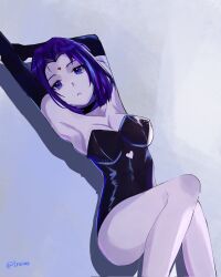  1girl armpits artist_name bare_shoulders black_gloves black_leotard bob_cut breasts cleavage_cutout clothing_cutout commentary commission dc_comics elbow_gloves from_above gloves hainomajoeraina highres knee_up leotard looking_at_viewer lying parted_lips purple_eyes purple_hair raven_(dc) solo strapless strapless_leotard thighhighs 