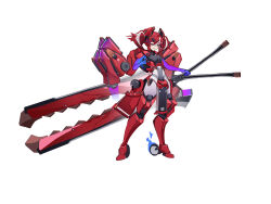  1girl armor blade boots breasts curvy evil_smile full_body gradient_sleeves highres holding holding_weapon huge_weapon jetpack mecha mole mole_under_eye multicolored_hair original polearm purple_eyes red_eyes red_hair robot small_breasts smile spear twintails two-tone_eyes two-tone_hair weapon wheel white_background white_hair xin_(1844210356) 