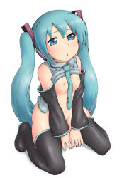  1girl absurdres aqua_hair bad_id bad_pixiv_id bottomless breasts clothes_lift female_focus from_above hatsune_miku highres kneeling lasto loli necktie nipples shirt_lift simple_background solo thighhighs twintails vocaloid  rating:Questionable score:74 user:danbooru