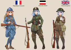  3girls absurdres ammunition_pouch ankle_boots backpack bag belt_buckle blonde_hair blue_eyes blue_hair bob_cut bolt_action boots buckle canteen club_(weapon) coffee_mug commentary cup entrenching_tool explosive french_flag green_eyes grenade gun gun_sling hand_grenade helemet highres imperial_german_flag lebel_model_1886 lee-enfield load_bearing_equipment long_hair looking_at_viewer mauser_98 medium_hair mess_kit military military_uniform mole mole_under_eye mug multiple_girls open_mouth original pouch purple_eyes purple_hair puttees rifle ryuukihei_rentai shell_casing simple_background soldier stick_grenade stielhandgranate uniform union_jack weapon world_war_i 
