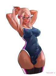  1futa adjusting_hair armpits arms_up black-framed_eyewear blue_eyes breasts bulge commentary competition_swimsuit covered_erect_nipples covered_navel cropped_legs dark-skinned_female dark_skin erection erection_under_clothes freckles futanari glasses hair_ornament hairclip highres large_breasts light_smile lips long_hair looking_at_viewer one-piece_swimsuit original penis pink_hair ponytail semi-rimless_eyewear smile solo striped_clothes striped_thighhighs swept_bangs swimsuit tan testicles thighhighs toxxy under-rim_eyewear vertical-striped_clothes vertical-striped_thighhighs white_background wide_hips  rating:Explicit score:332 user:danbooru