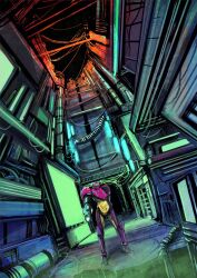  1girl aki-t_(akitbfpf144) arm_cannon armor assault_visor cable commentary dutch_angle english_commentary full_body glowing glowing_weapon gravity_suit_(metroid) hallway helmet highres industrial_pipe metroid monitor nintendo power_armor purple_armor samus_aran science_fiction solo standing weapon 