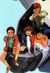  1980s_(style) 1990s_(style) 1girl 3boys aiming aiming_at_viewer alfred_izuruha blue_background carrying chay_(gundam_0080) child commentary cropped derivative_work dorothy_(gundam) english_commentary gundam gundam_0080 gundam_alex highres key_visual mecha mechanical_arms mikimoto_haruhiko mobile_suit multiple_boys official_art oldschool production_art promotional_art retro_artstyle robot scan science_fiction shoes single_mechanical_arm sneakers telcott_(gundam_0080) traditional_media 