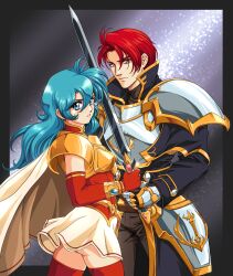  1990s_(style) 1boy 1girl armor ass black_border blue_eyes blue_hair border breastplate breasts brown_pants commentary cuirass curtained_hair double-parted_bangs eirika_(fire_emblem) elbow_gloves english_commentary faulds fire_emblem fire_emblem:_the_sacred_stones galaxy gauntlets gloves gradient_background hair_between_eyes highres holding holding_sword holding_weapon long_hair looking_at_viewer night night_sky nintendo pants pauldrons red_eyes red_gloves red_hair red_thighhighs retro_artstyle seth_(fire_emblem) short_hair shoulder_armor sirknightbot skirt sky small_breasts star_(sky) sword teeth thighhighs weapon white_skirt  rating:Sensitive score:6 user:danbooru