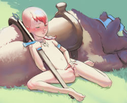  1girl absurdres animal anus barefoot bear blublush blush day feet female_masturbation fingering flat_chest freckles highres loli masturbation nude outdoors pussy red_hair saddle short_hair solo spread_legs sword uncensored weapon  rating:Explicit score:449 user:lolicle